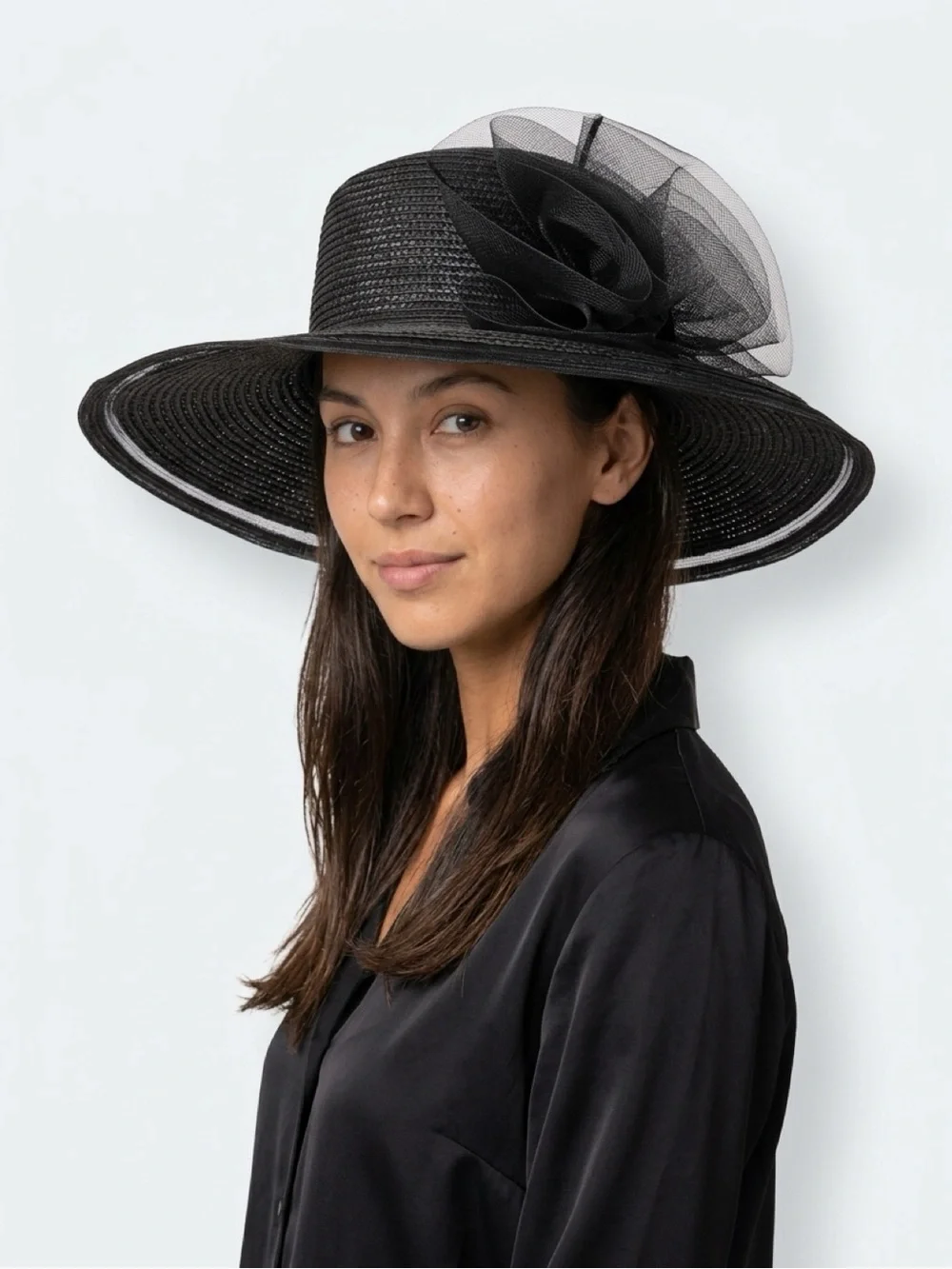 Elegant Black Women's Wide-Brim Straw Hat with Decorative Bow Accent